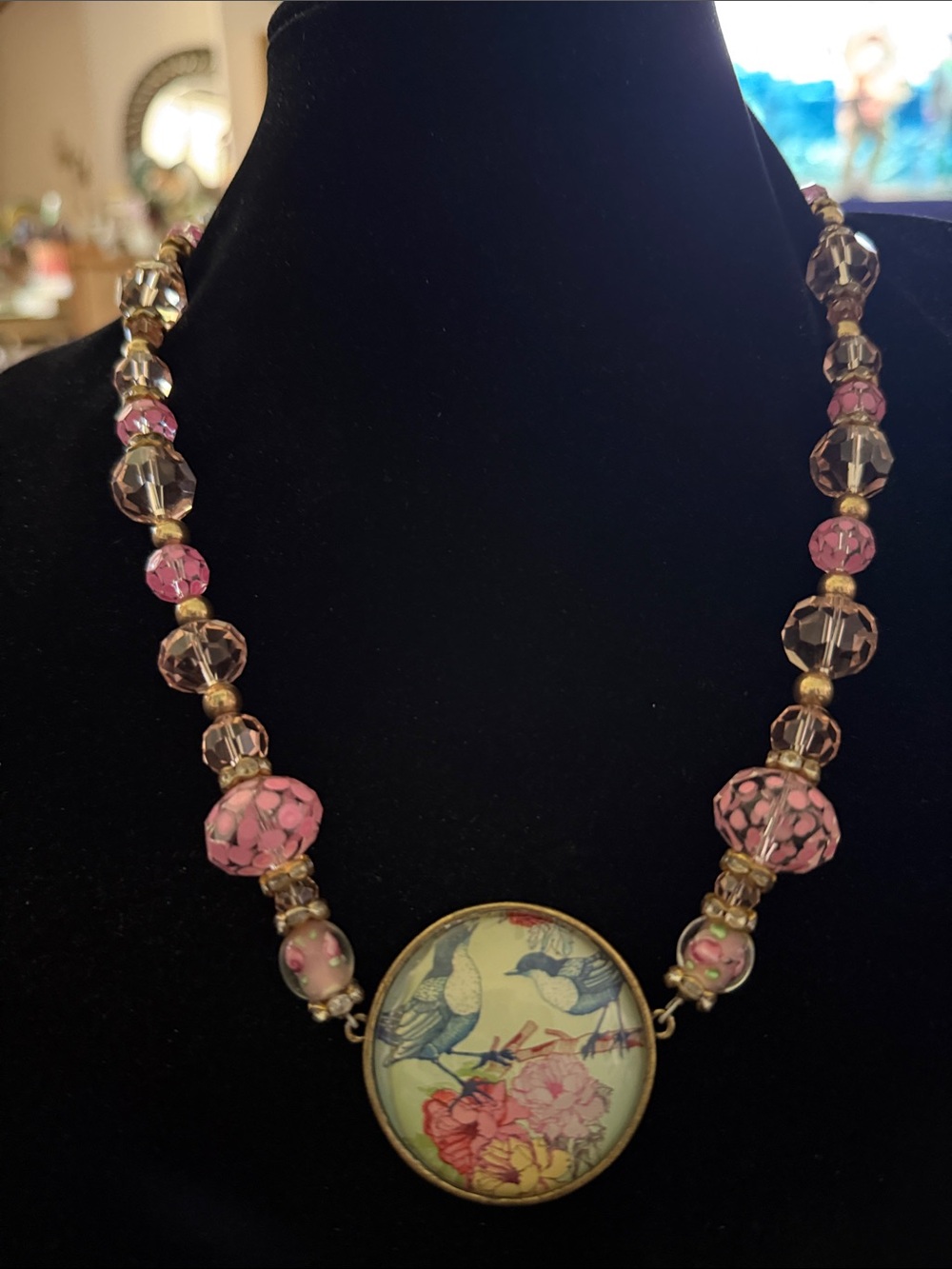 Floral blue bird centerpiece large crystal faceted beads Statement Necklace